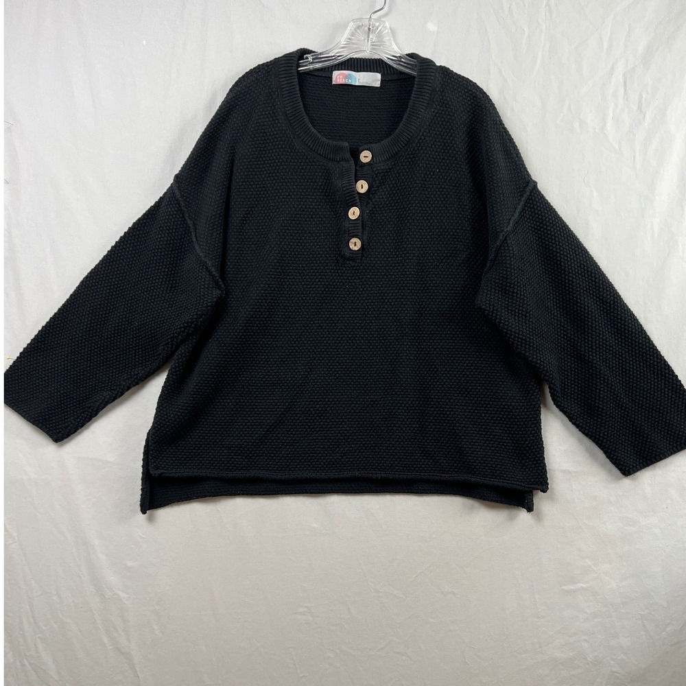 Classic Black Button-Front Waffle Knit Sweater